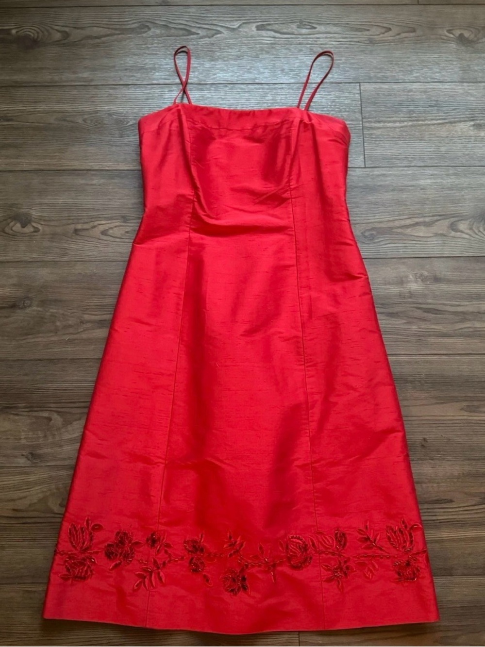 Ann Taylor Red 100% Silk Spaghetti-Strap Midi Dress with Hem Embroidery size 6